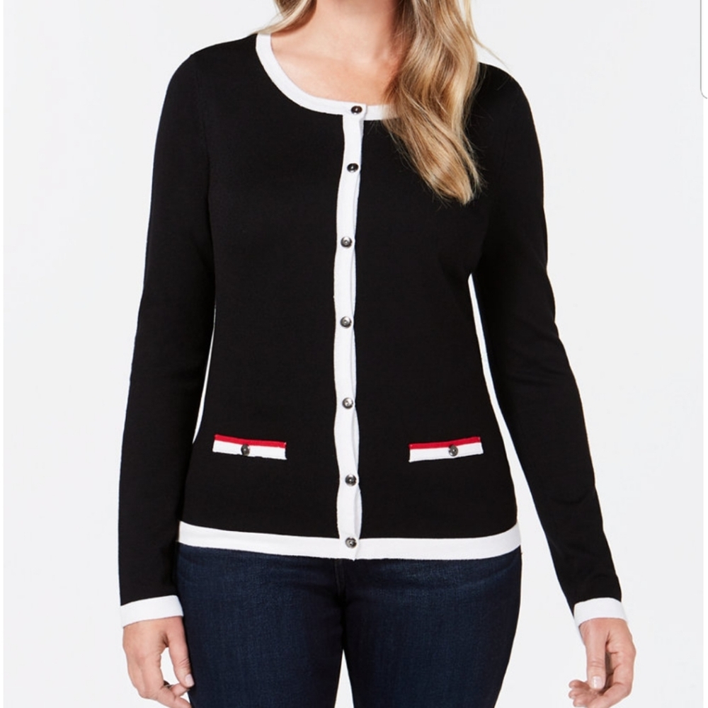 Black cardigan, light knit